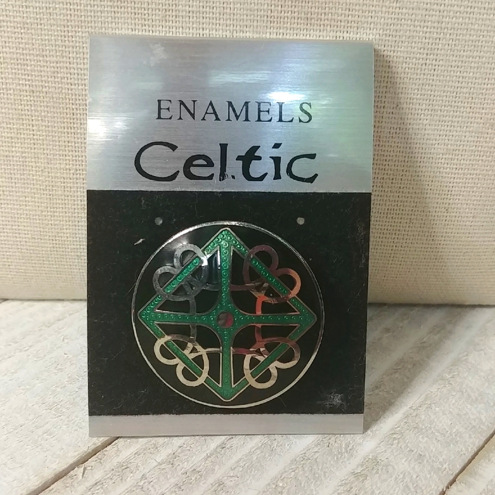 NEW Celtic Enamel Pin Brooch with Green, Black and Faux Silver Accents